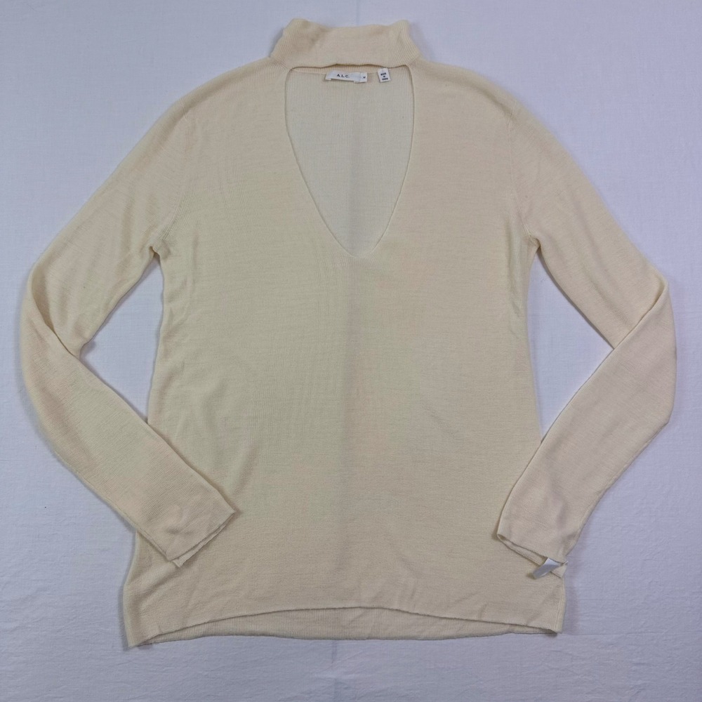 ALC Sweater Womens M Cream Merino Wool Cutout Choker Neck Long Sleeves Pullover